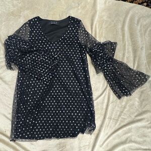 Black Mesh Overlay Metallic Silver Polka Dot Dress